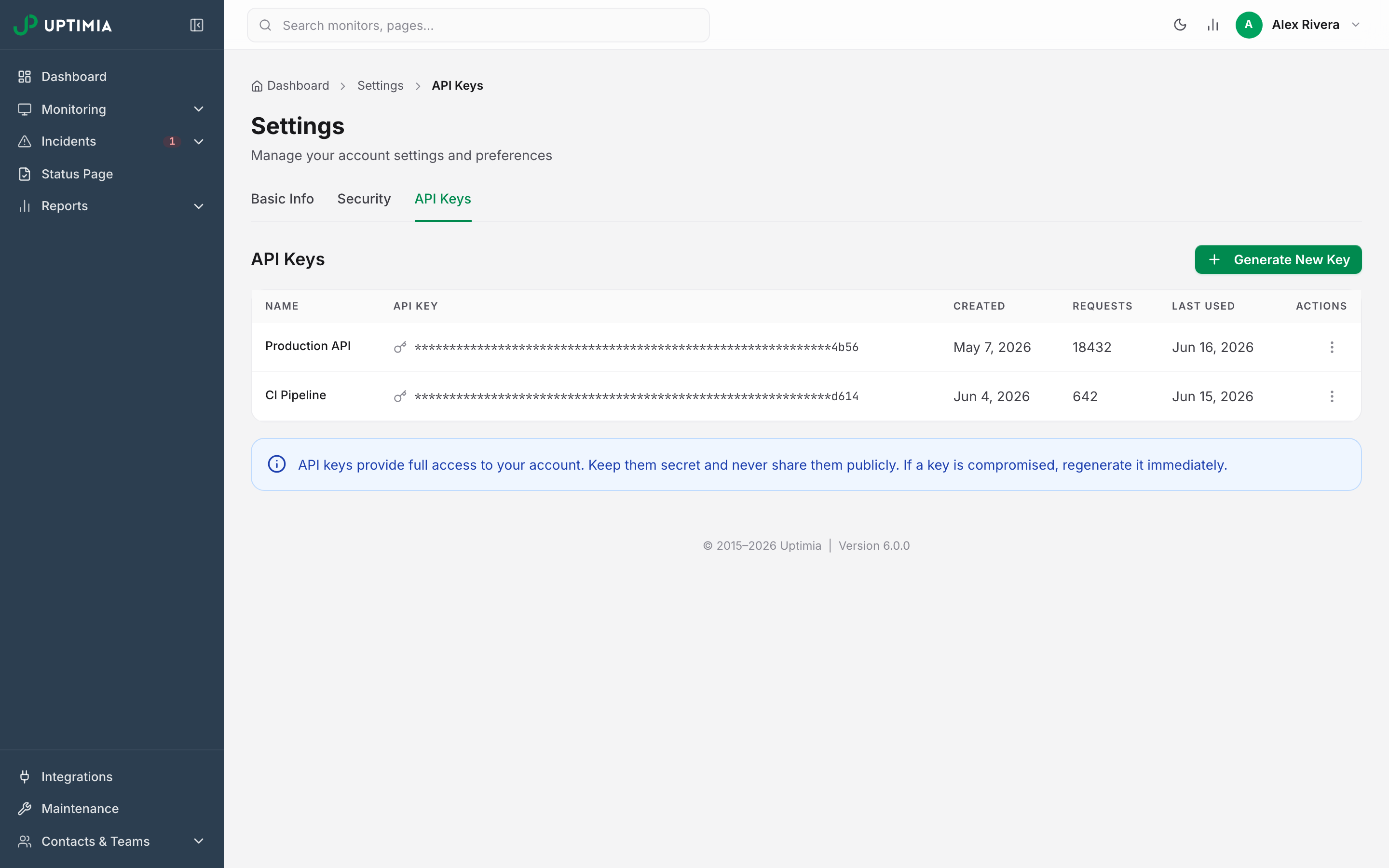 Open Settings then API Keys and click Generate New Key