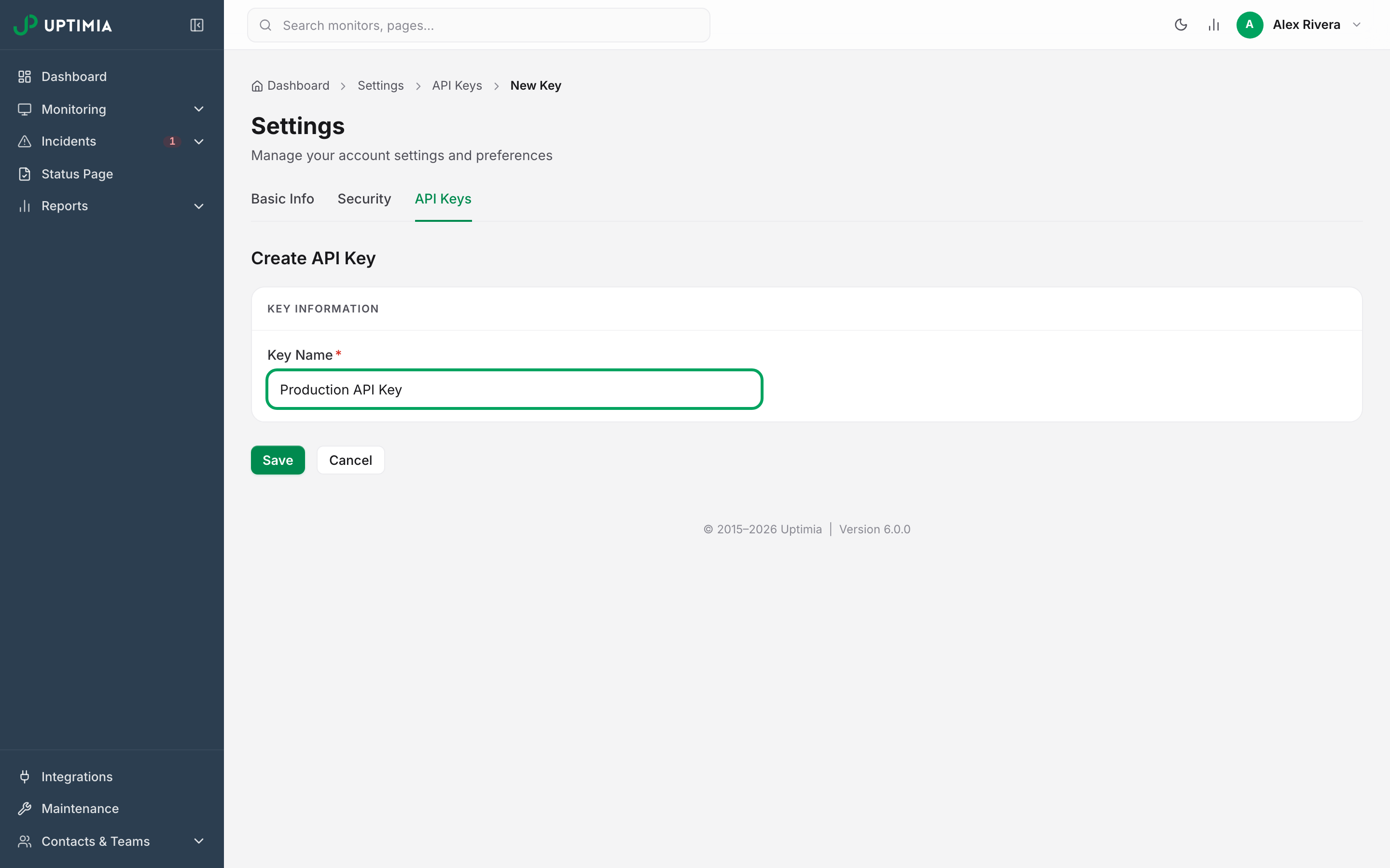 Enter a name for the API key and click Save