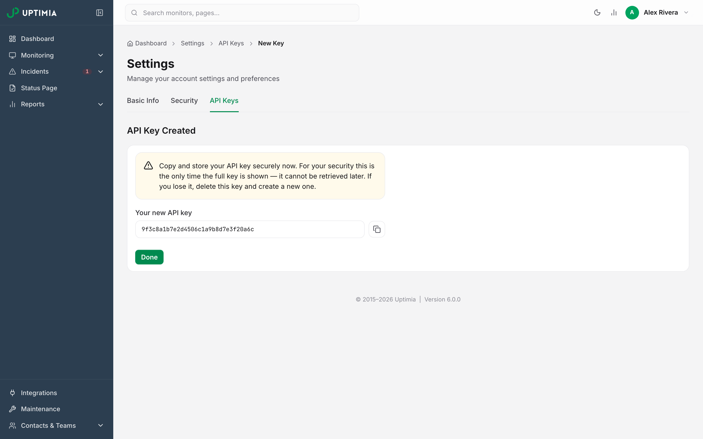 Copy your new API key — it is shown only once